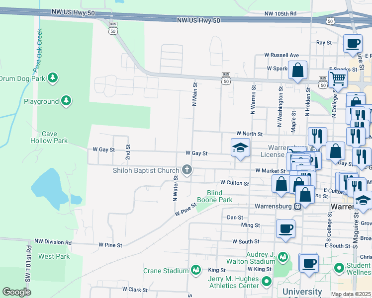 map of restaurants, bars, coffee shops, grocery stores, and more near 505 West Gay Street in Warrensburg