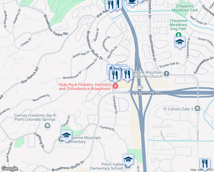 map of restaurants, bars, coffee shops, grocery stores, and more near 4547 Palisades Park View in Colorado Springs