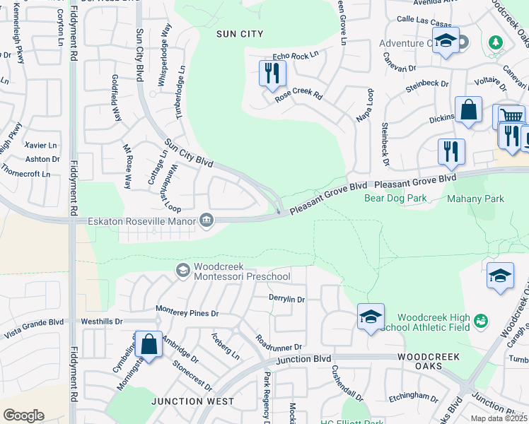 map of restaurants, bars, coffee shops, grocery stores, and more near 1711 Pleasant Grove Boulevard in Roseville