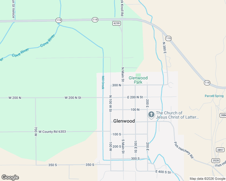 map of restaurants, bars, coffee shops, grocery stores, and more near 266 North 100 West Street in Glenwood