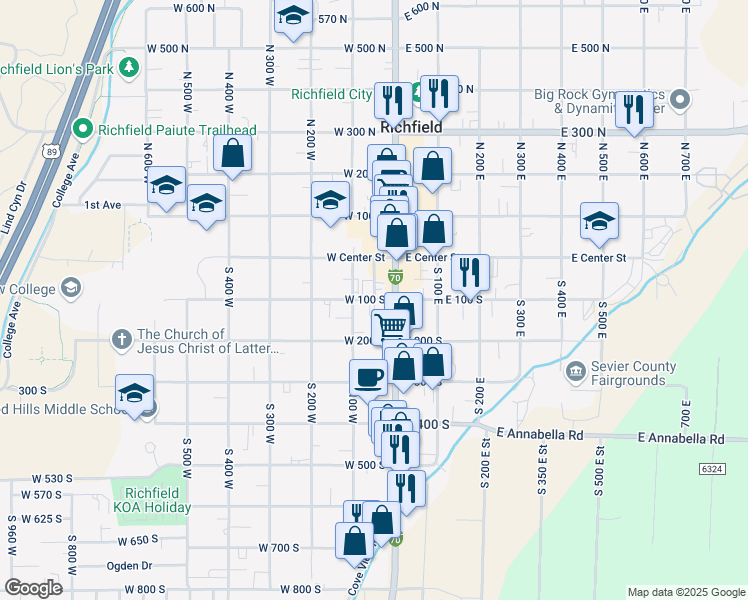 map of restaurants, bars, coffee shops, grocery stores, and more near 52 West 100 South in Richfield