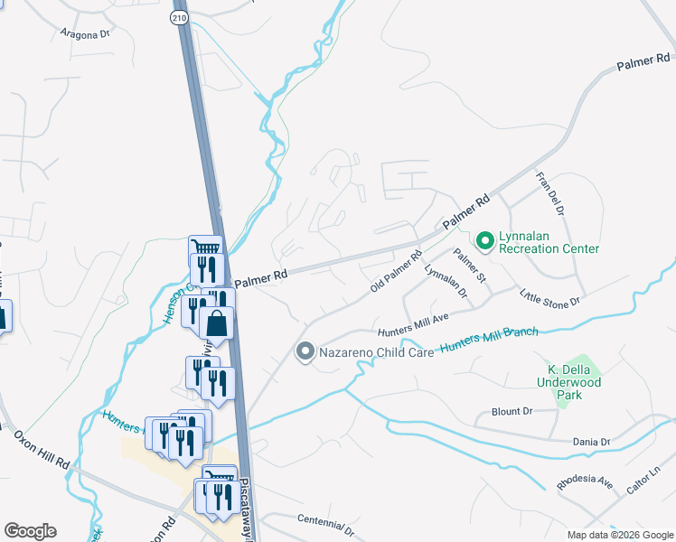 map of restaurants, bars, coffee shops, grocery stores, and more near 1101 Palmer Road in Fort Washington