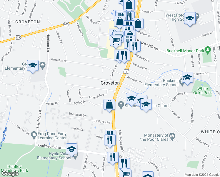map of restaurants, bars, coffee shops, grocery stores, and more near 3106 Collard Street in Alexandria