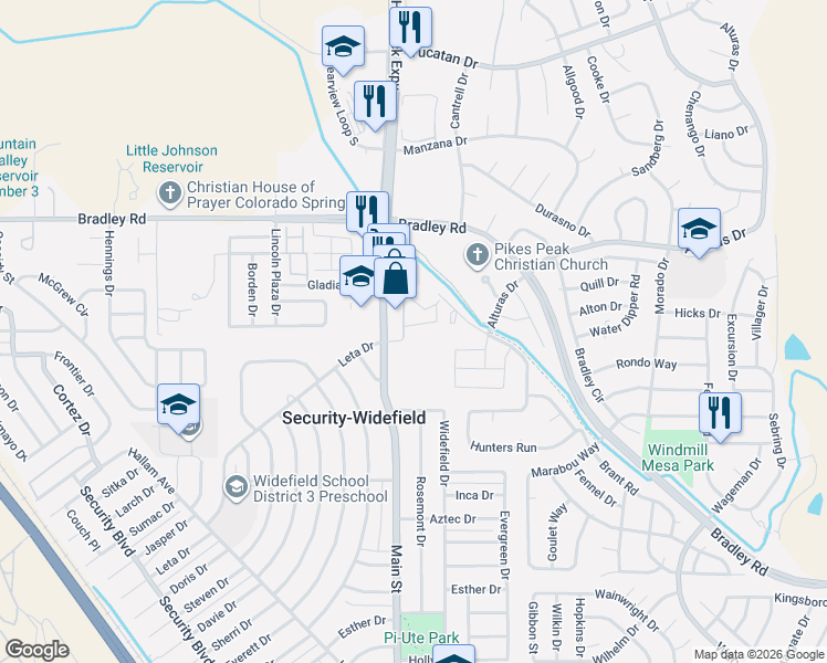 map of restaurants, bars, coffee shops, grocery stores, and more near 1201 Leta Drive in Colorado Springs