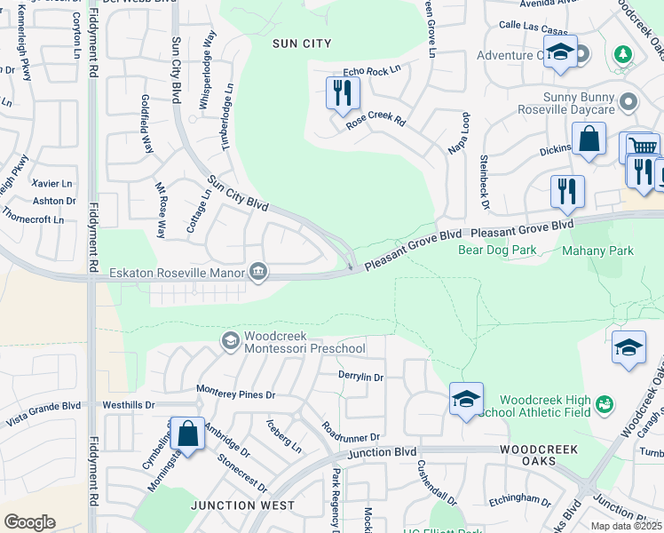 map of restaurants, bars, coffee shops, grocery stores, and more near 1711 Pleasant Grove Boulevard in Roseville