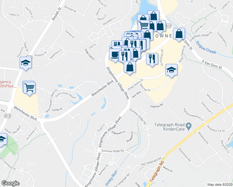map of restaurants, bars, coffee shops, grocery stores, and more near 6956 Ellingham Circle in Alexandria