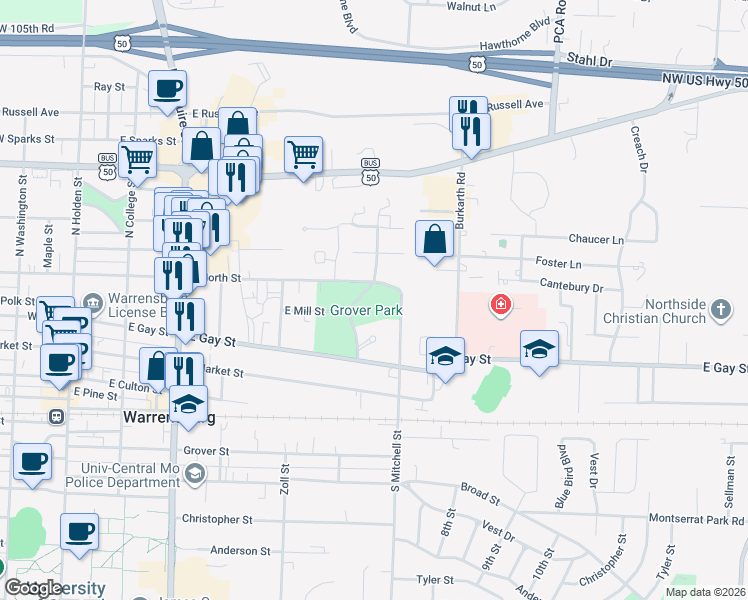 map of restaurants, bars, coffee shops, grocery stores, and more near in Warrensburg