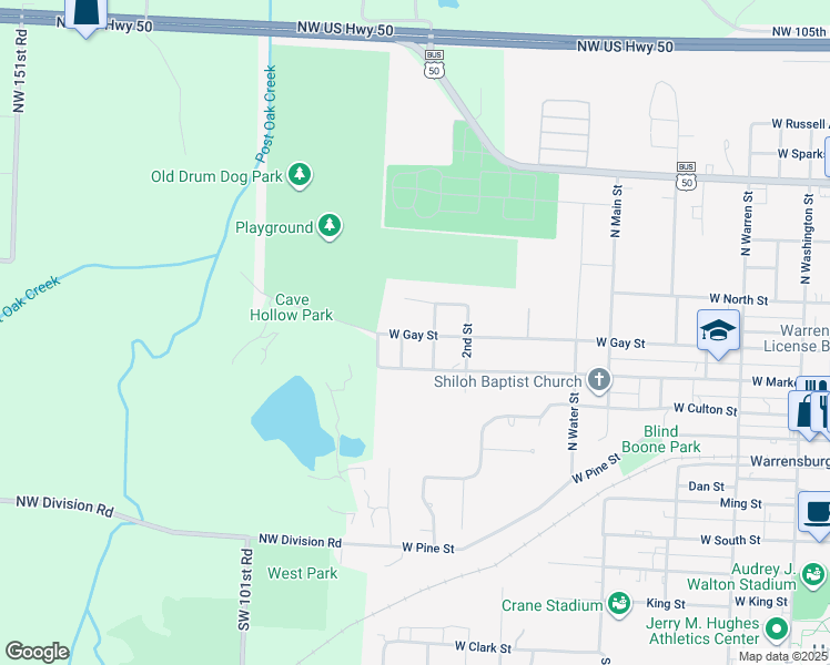 map of restaurants, bars, coffee shops, grocery stores, and more near 803 West Market Street in Warrensburg