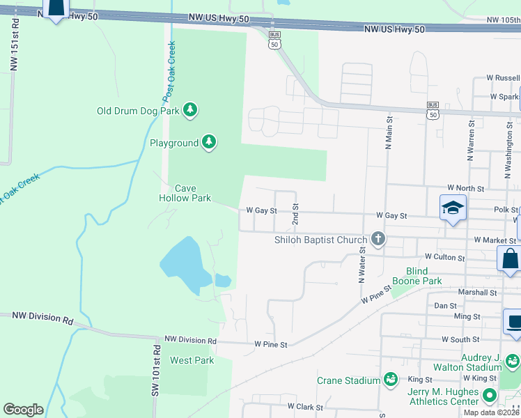 map of restaurants, bars, coffee shops, grocery stores, and more near 803 West Market Street in Warrensburg
