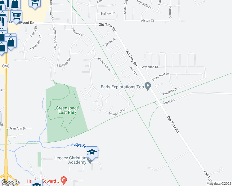 map of restaurants, bars, coffee shops, grocery stores, and more near 72 Village Court in Glen Carbon