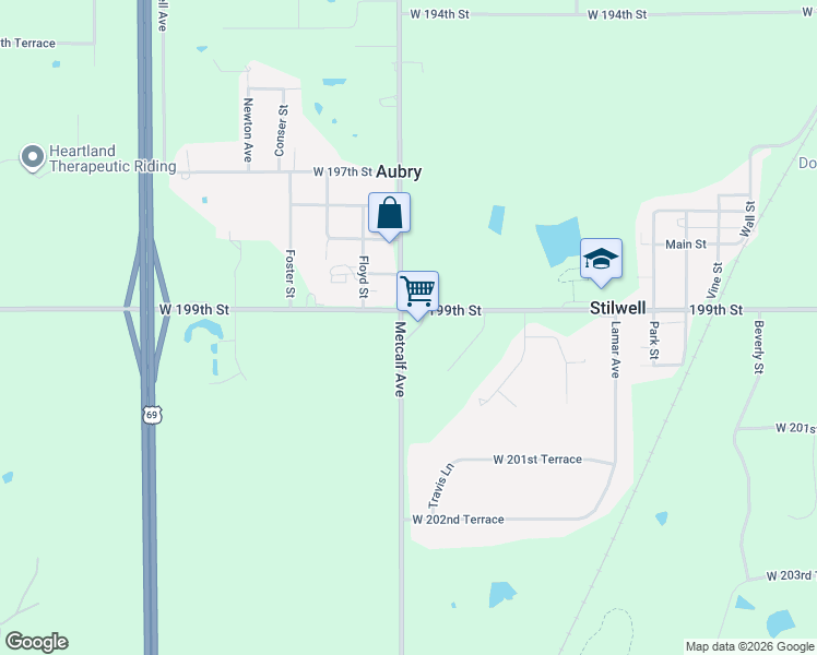 map of restaurants, bars, coffee shops, grocery stores, and more near 19900-20252 Metcalf Avenue in Stilwell