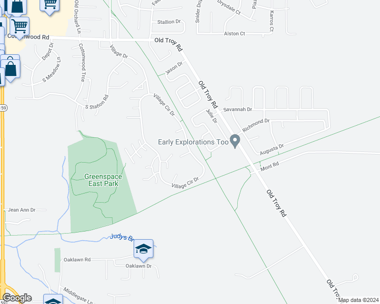 map of restaurants, bars, coffee shops, grocery stores, and more near 198 Village Court in Glen Carbon