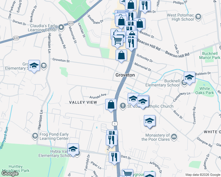 map of restaurants, bars, coffee shops, grocery stores, and more near 3108 Collard Street in Alexandria