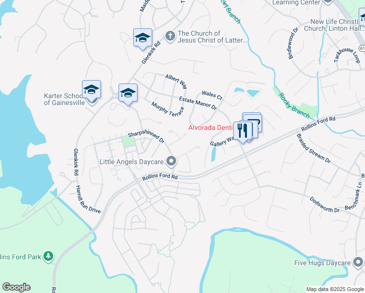 map of restaurants, bars, coffee shops, grocery stores, and more near 14232 Sharpshinned Drive in Gainesville