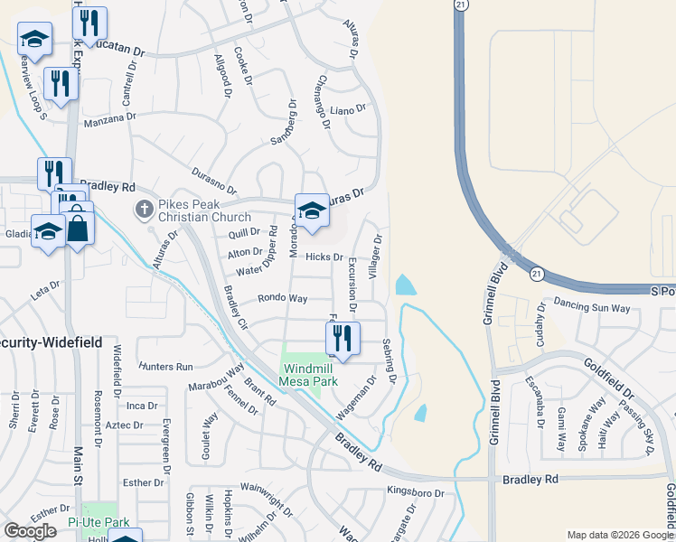 map of restaurants, bars, coffee shops, grocery stores, and more near 4423 Fencer Road in Colorado Springs