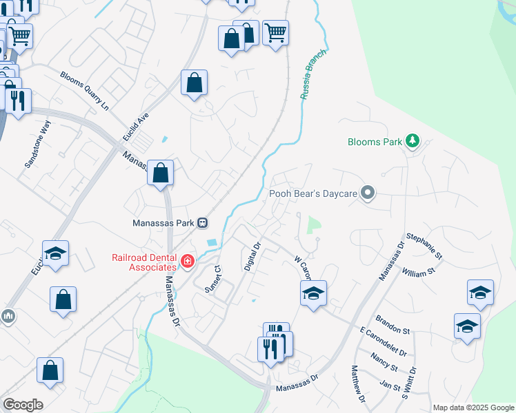 map of restaurants, bars, coffee shops, grocery stores, and more near 9722 Holmes Place in Manassas Park