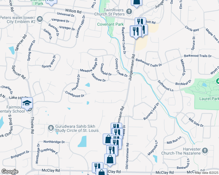 map of restaurants, bars, coffee shops, grocery stores, and more near 5 Pinehurst Court in St. Peters