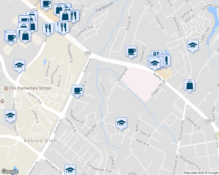 map of restaurants, bars, coffee shops, grocery stores, and more near 8826 Tanglewood Court in Manassas