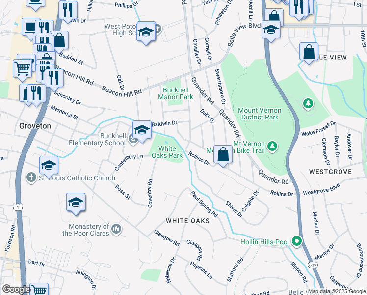 map of restaurants, bars, coffee shops, grocery stores, and more near 6914 Radcliffe Drive in Alexandria