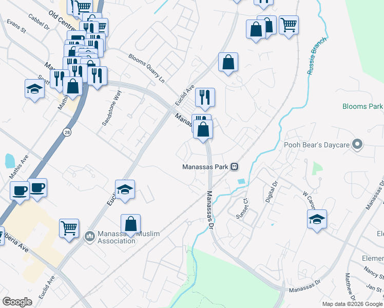 map of restaurants, bars, coffee shops, grocery stores, and more near 170 Market Street in Manassas Park