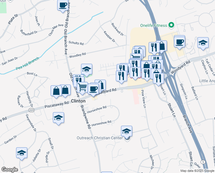 map of restaurants, bars, coffee shops, grocery stores, and more near 9005 Woodyard Road in Clinton