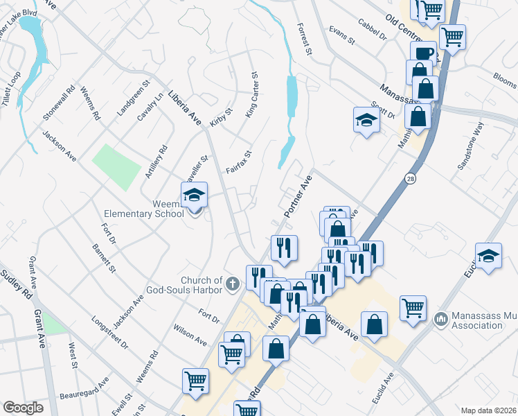 map of restaurants, bars, coffee shops, grocery stores, and more near 8683 Point of Woods Drive in Manassas