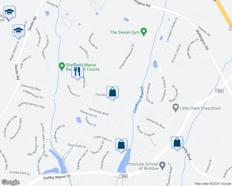 map of restaurants, bars, coffee shops, grocery stores, and more near 12148 Formby Street in Bristow