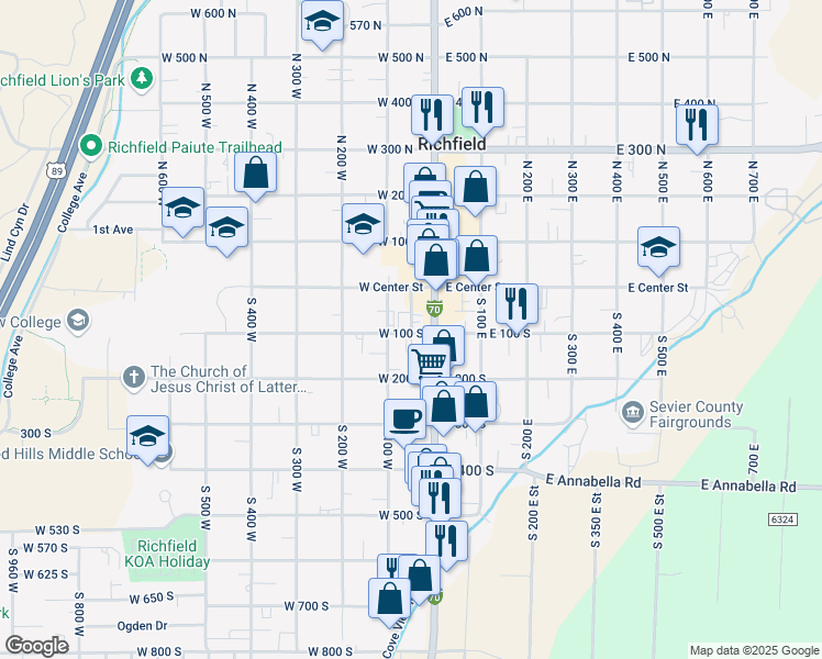 map of restaurants, bars, coffee shops, grocery stores, and more near 59 West Center Street in Richfield