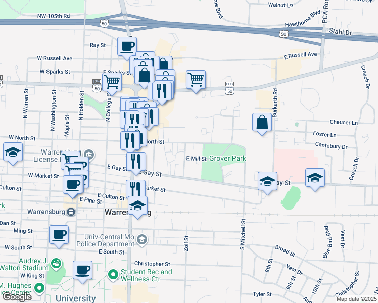 map of restaurants, bars, coffee shops, grocery stores, and more near 402 East North Street in Warrensburg