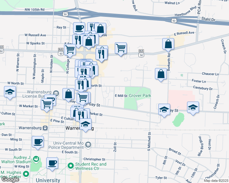 map of restaurants, bars, coffee shops, grocery stores, and more near 402 East North Street in Warrensburg