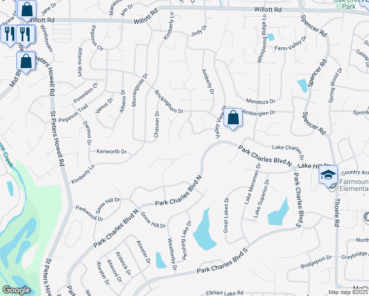 map of restaurants, bars, coffee shops, grocery stores, and more near 19 Eagles Landing Drive in St. Peters