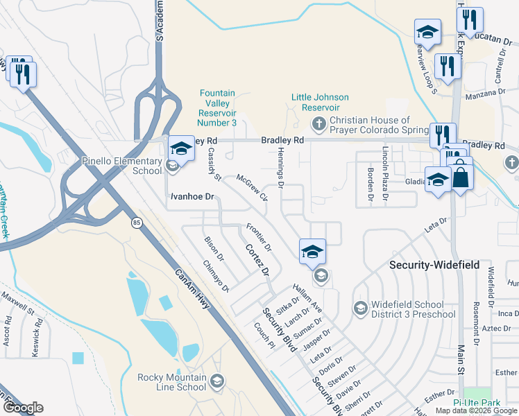 map of restaurants, bars, coffee shops, grocery stores, and more near 4455 McGrew Circle in Colorado Springs