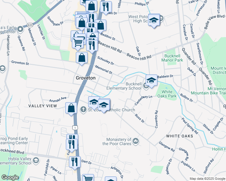 map of restaurants, bars, coffee shops, grocery stores, and more near 2711 Groveton Street in Alexandria