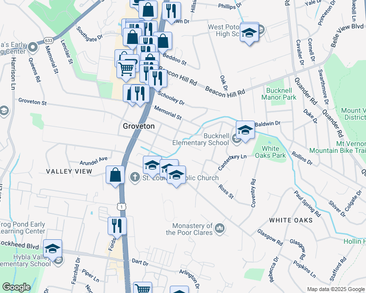map of restaurants, bars, coffee shops, grocery stores, and more near 2711 Groveton Street in Alexandria