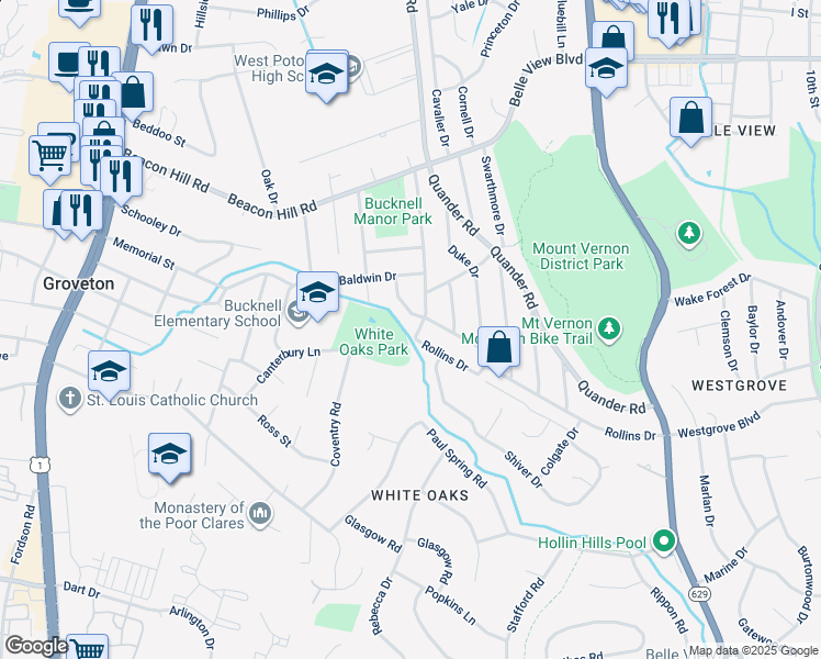 map of restaurants, bars, coffee shops, grocery stores, and more near 6914 Radcliffe Drive in Alexandria