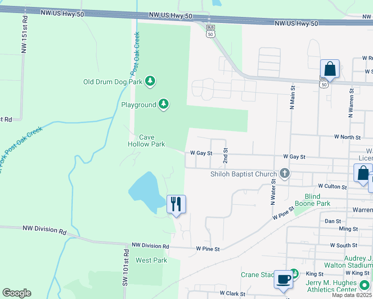 map of restaurants, bars, coffee shops, grocery stores, and more near 907 West Gay Street in Warrensburg