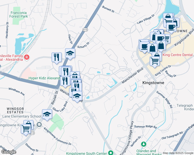 map of restaurants, bars, coffee shops, grocery stores, and more near 6102 Essex House Square in Alexandria