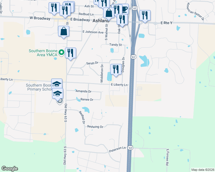 map of restaurants, bars, coffee shops, grocery stores, and more near 406 East Liberty Lane in Ashland