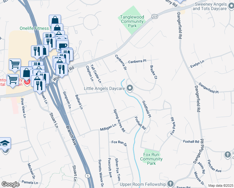 map of restaurants, bars, coffee shops, grocery stores, and more near 7505 Clinton Vista Lane in Clinton