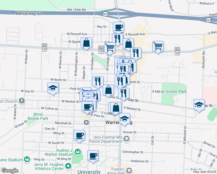 map of restaurants, bars, coffee shops, grocery stores, and more near 420 North College Street in Warrensburg