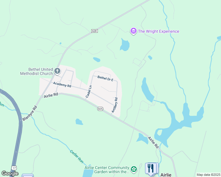 map of restaurants, bars, coffee shops, grocery stores, and more near 7116 Meadow Street in Warrenton