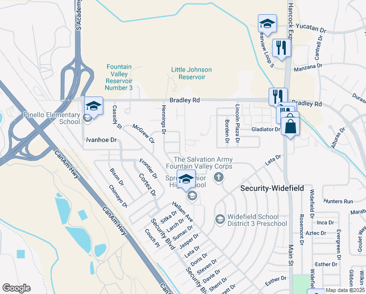 map of restaurants, bars, coffee shops, grocery stores, and more near 4370 Dooley Way in Colorado Springs