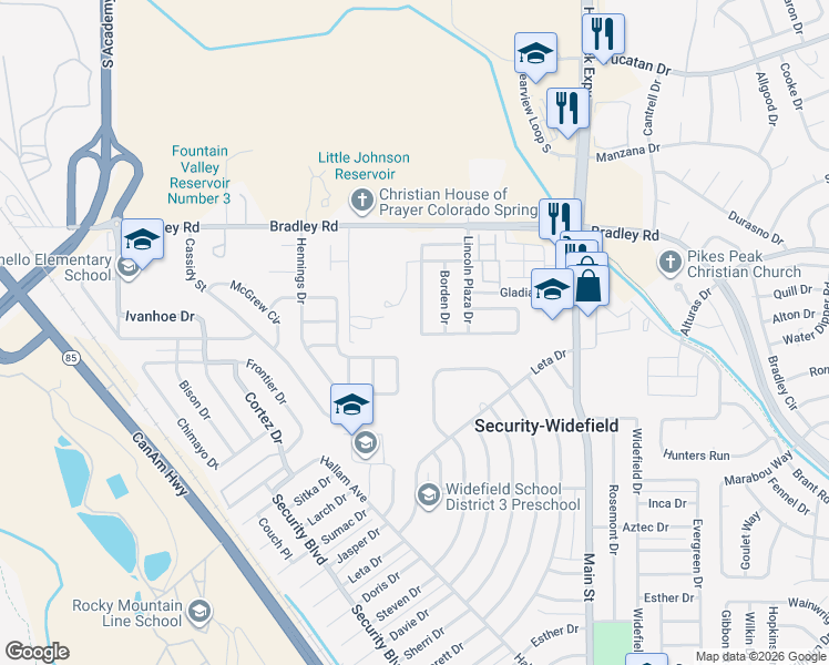 map of restaurants, bars, coffee shops, grocery stores, and more near 4535 Witches Hollow Lane in Colorado Springs