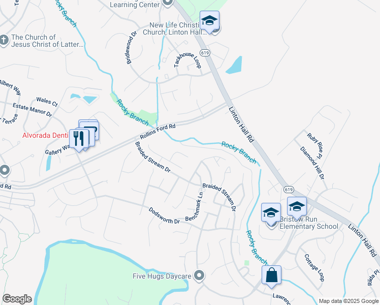 map of restaurants, bars, coffee shops, grocery stores, and more near 8808 Hepner Court in Bristow