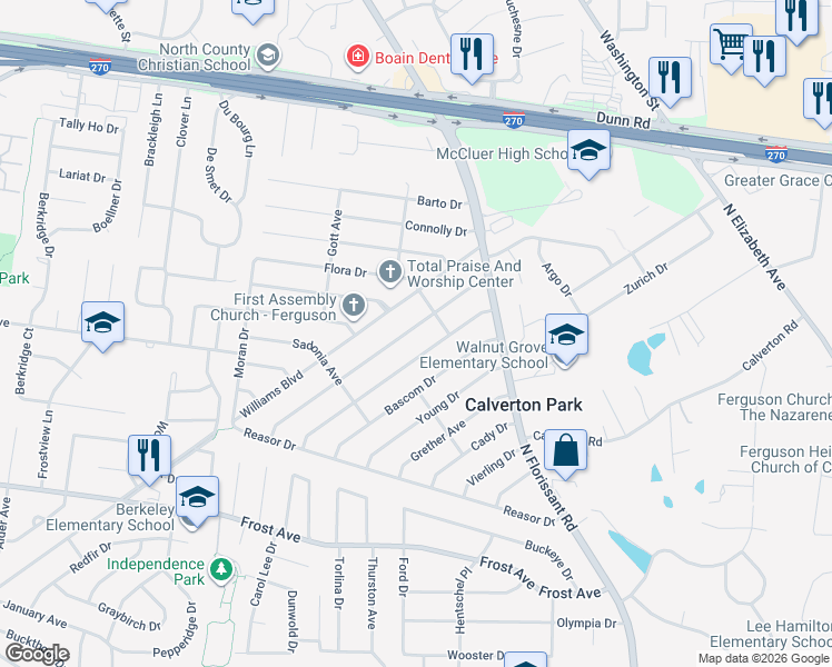 map of restaurants, bars, coffee shops, grocery stores, and more near 111 Anistasia Drive in St. Louis