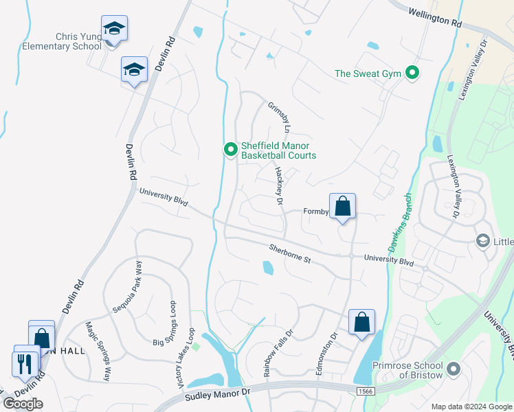map of restaurants, bars, coffee shops, grocery stores, and more near 12338 Penzance Lane in Bristow