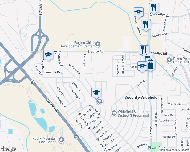 map of restaurants, bars, coffee shops, grocery stores, and more near 4409 Nelson Lane in Colorado Springs