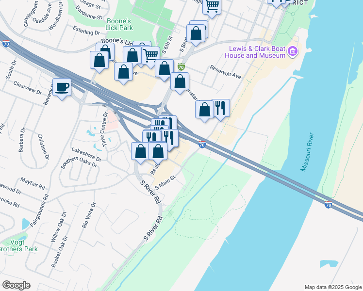 map of restaurants, bars, coffee shops, grocery stores, and more near 1400 South 5th Street in Saint Charles