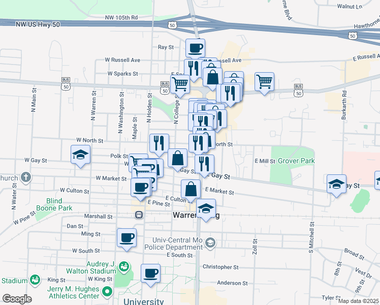 map of restaurants, bars, coffee shops, grocery stores, and more near 213 East North Street in Warrensburg