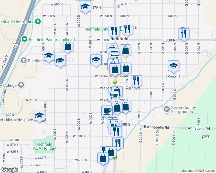 map of restaurants, bars, coffee shops, grocery stores, and more near 56 West 100 South in Richfield